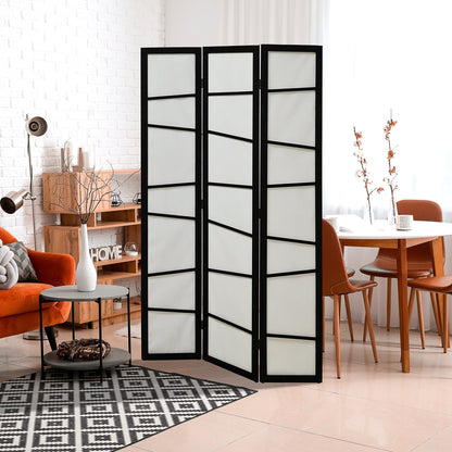 The white folding privacy screen is set up in a modern living room, dividing the space