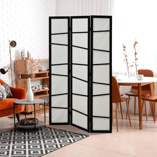 The white folding privacy screen is set up in a modern living room, dividing the space