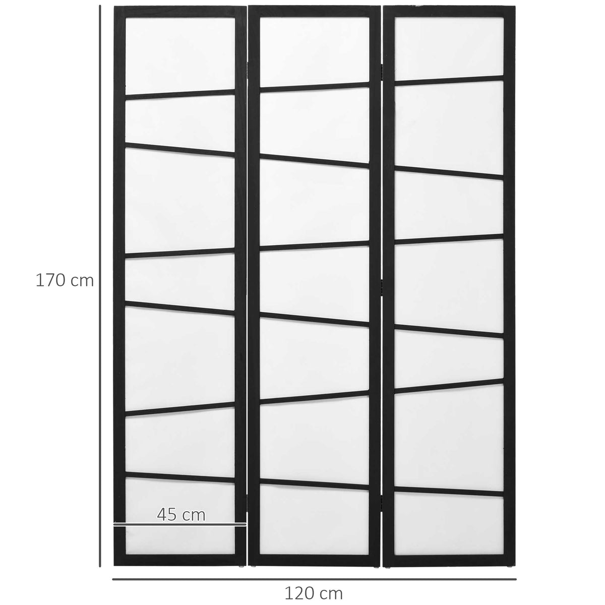 A size diagram shows the dimensions of the white folding privacy screen