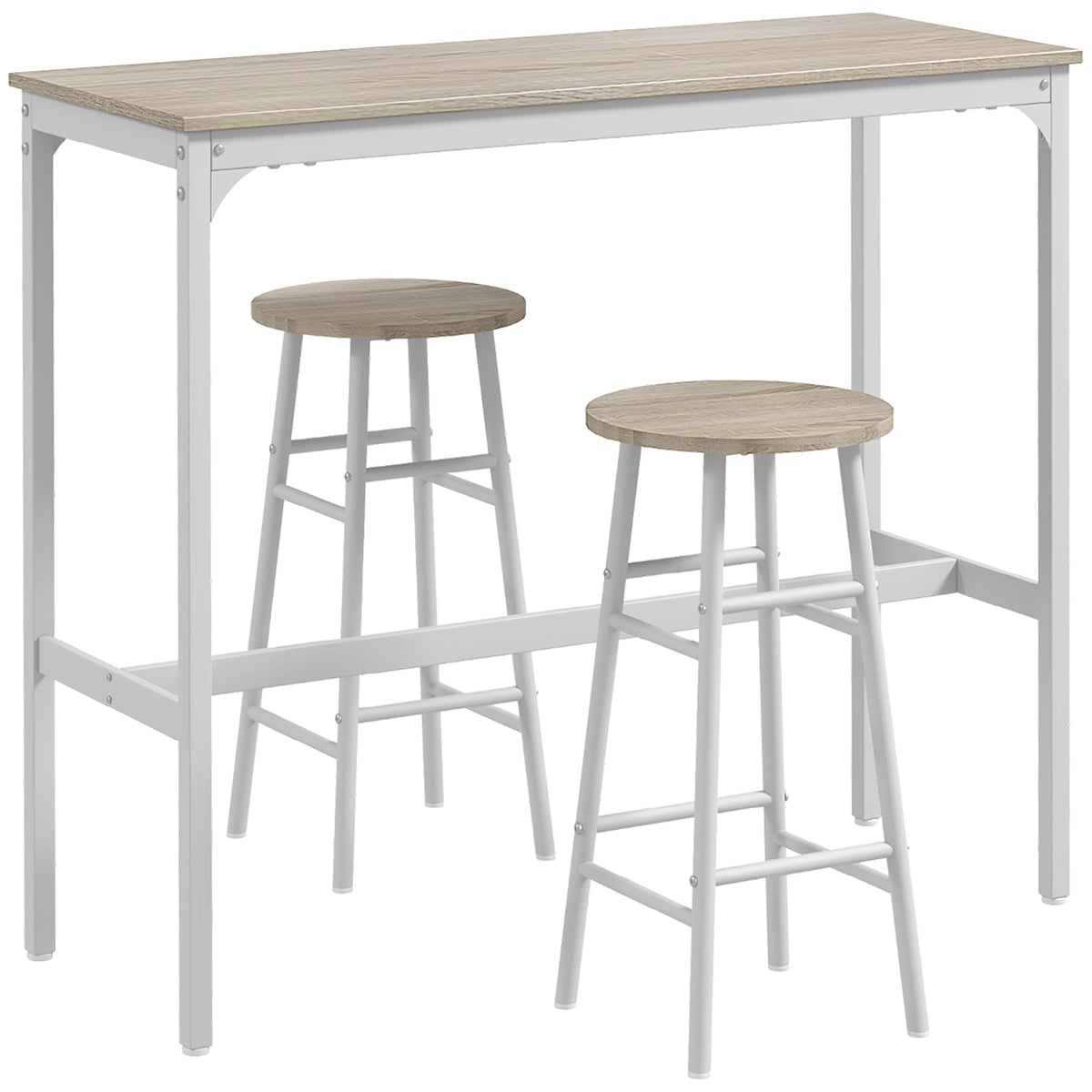 HOMCOM 3 Piece Bar Table Set with 2 Stools featuring a rectangular oak top and white metal frames