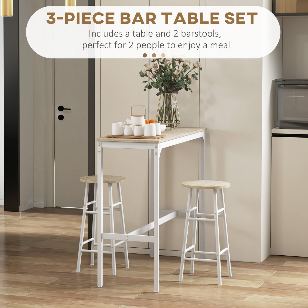The dining furniture set with a decorative vase and tea set arranged on the table top