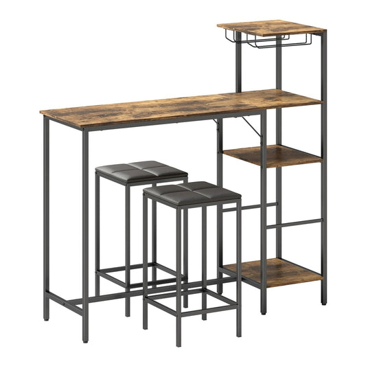 HOMCOM 3 Piece Breakfast Bar Table and Stools Set with shelves and wine glass holders