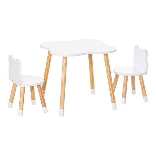 HOMCOM 3-Piece Kids Table and Chair Set with white surfaces and light wood legs
