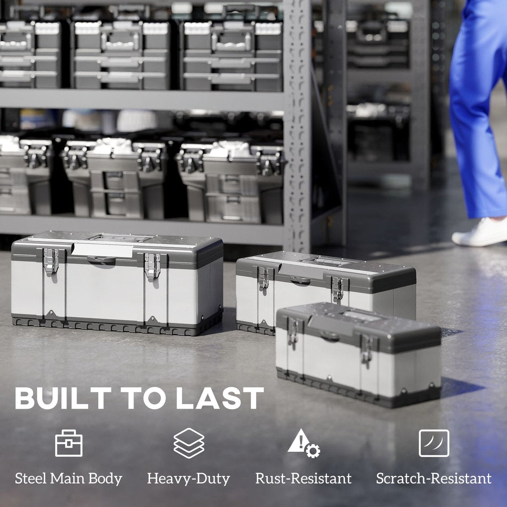 Three stainless steel tool boxes displayed on a concrete floor with text highlighting durability