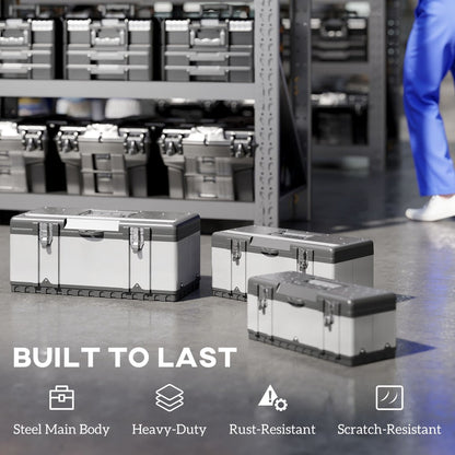 Three stainless steel tool boxes displayed on a concrete floor with text highlighting durability
