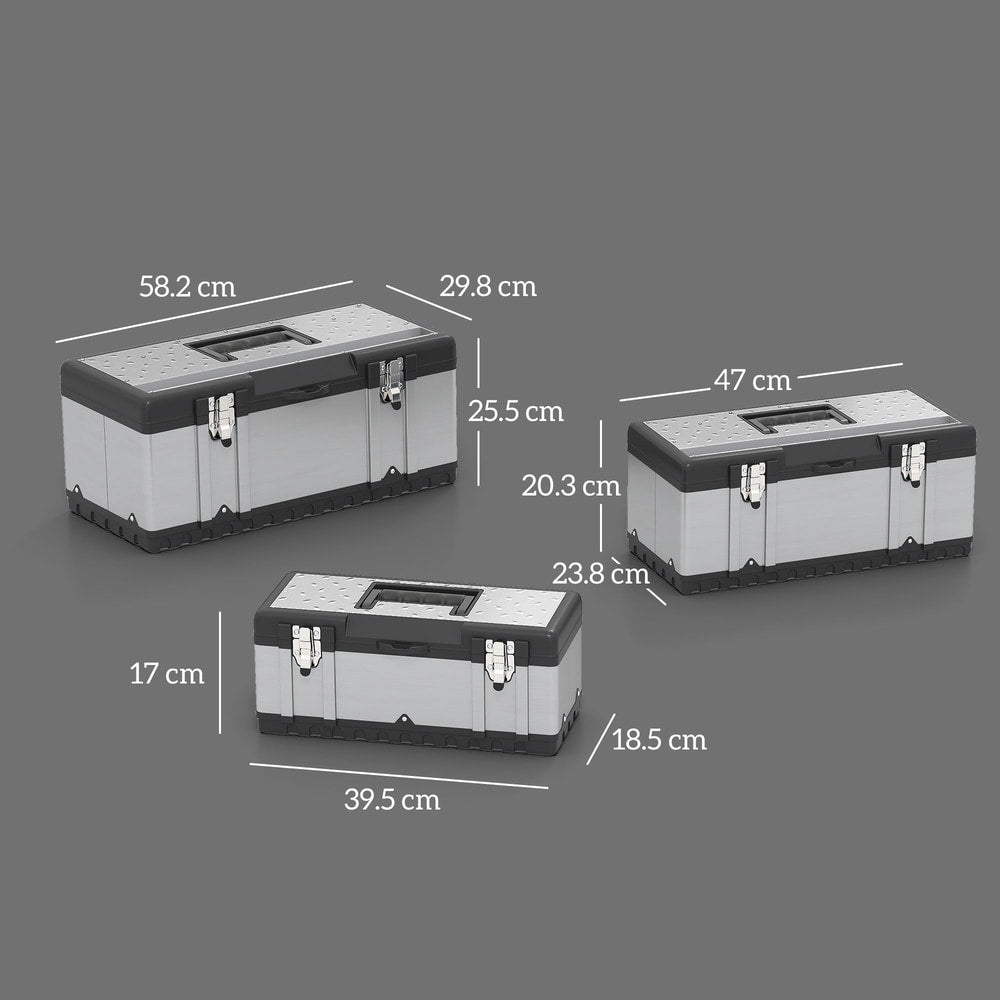 Three stainless steel tool boxes with measurement lines indicating their dimensions
