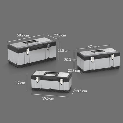 Three stainless steel tool boxes with measurement lines indicating their dimensions