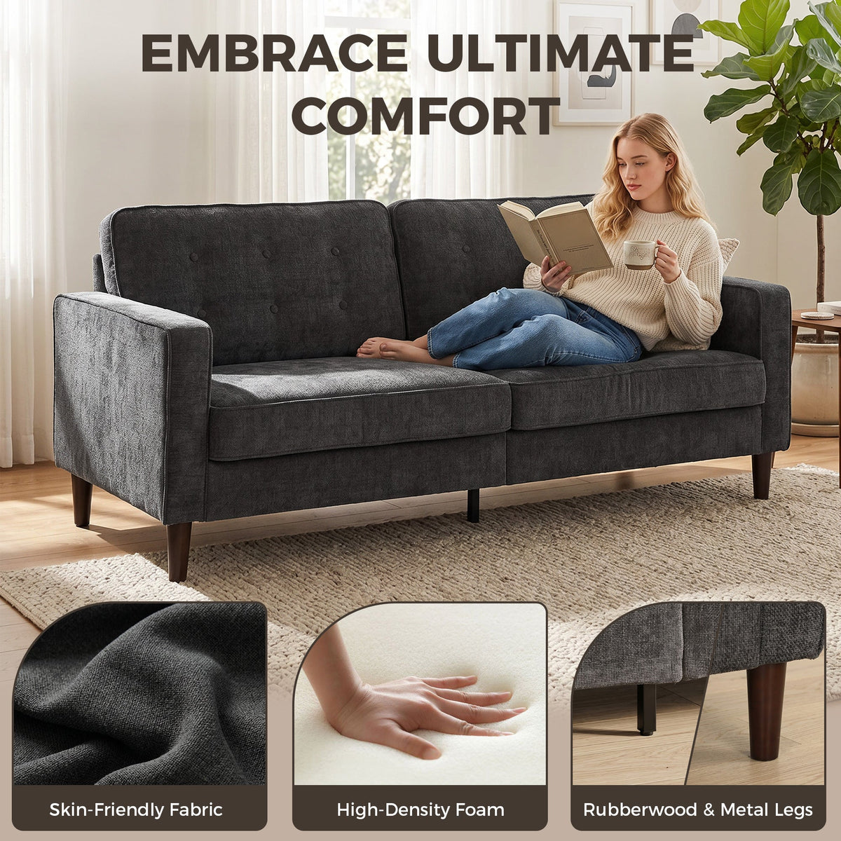 Close-ups of the dark grey upholstered sofa showing fabric texture and foam cushion