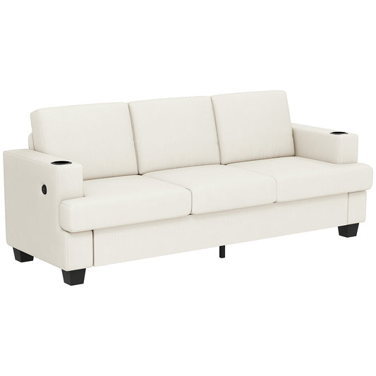 HOMCOM 3 Seater Sofa in cream white fabric, a modern three-seater sofa with cup holders on the arms
