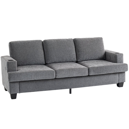 HOMCOM 3 Seater Sofa in grey with integrated cup holders on the armrests