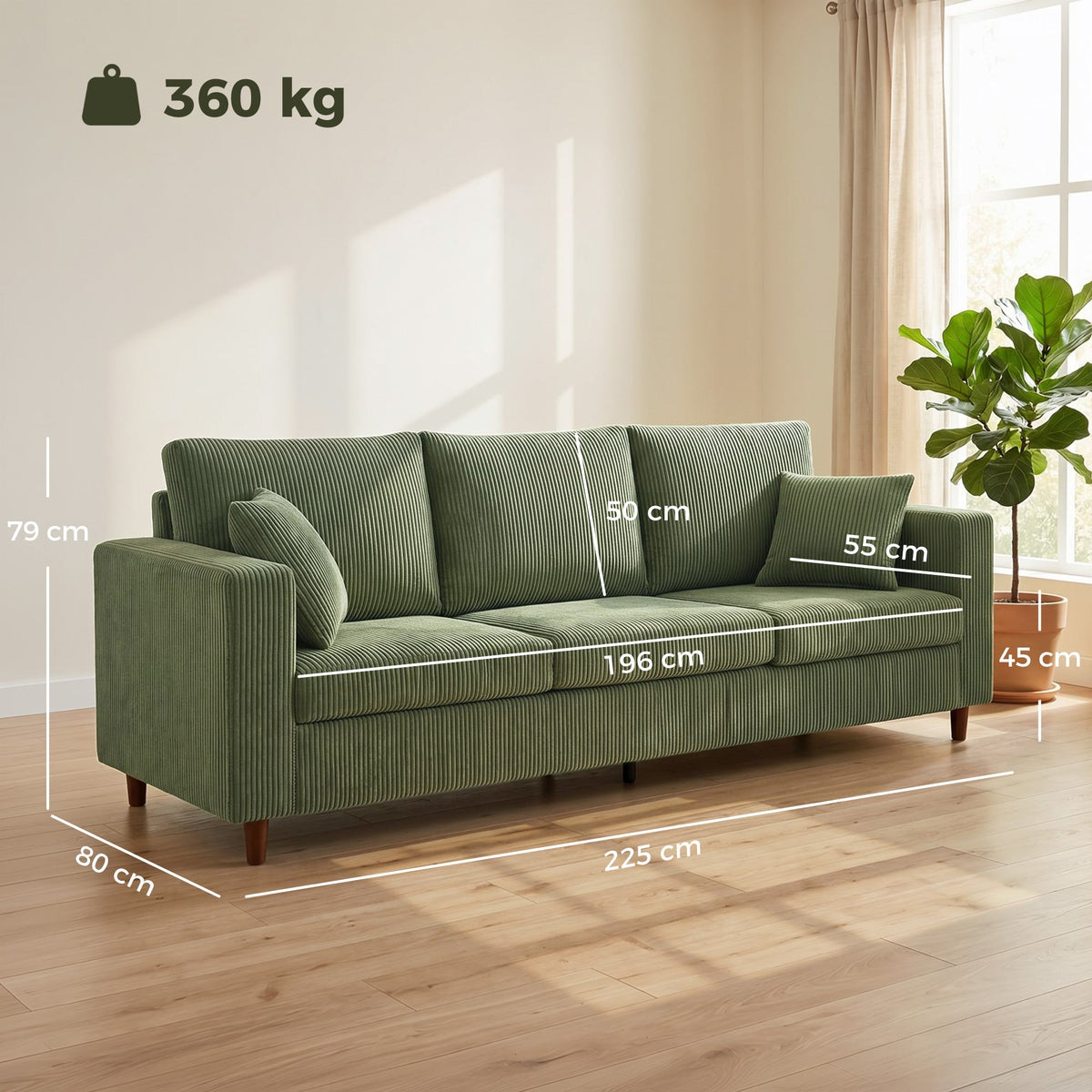 Dimensions of the green corduroy three seater sofa with wide seat, showing width, depth and height