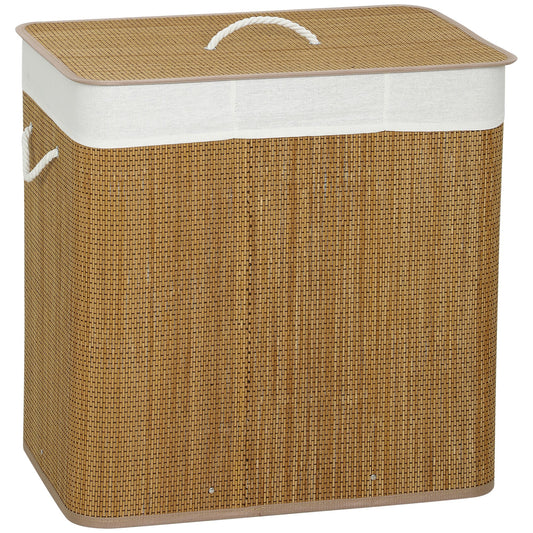 HOMCOM 3 Section Laundry Basket with Lid, a brown woven hamper with a white fabric liner and two rope handles