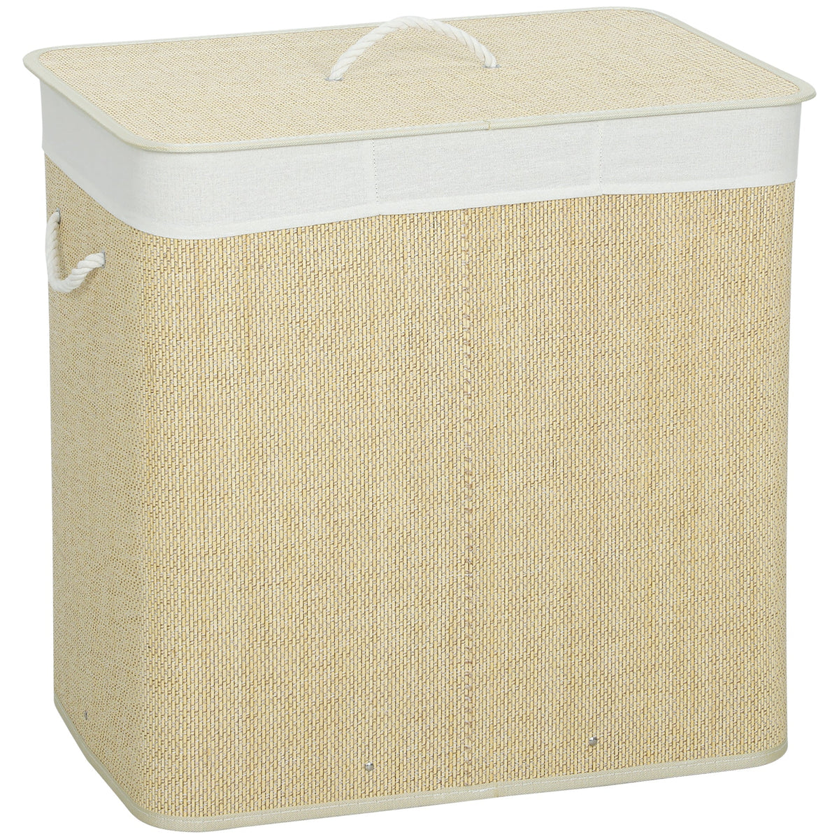 HOMCOM 3 Section Laundry Basket with Lid, a cream white woven hamper with a lid and rope handles