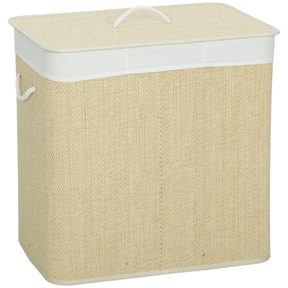 HOMCOM 3 Section Laundry Basket with Lid, a cream white woven hamper with a lid and rope handles