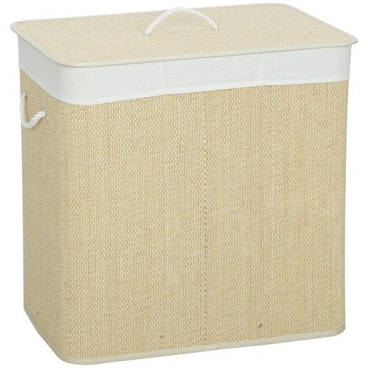 HOMCOM 3 Section Laundry Basket with Lid, a cream white woven hamper with a lid and rope handles