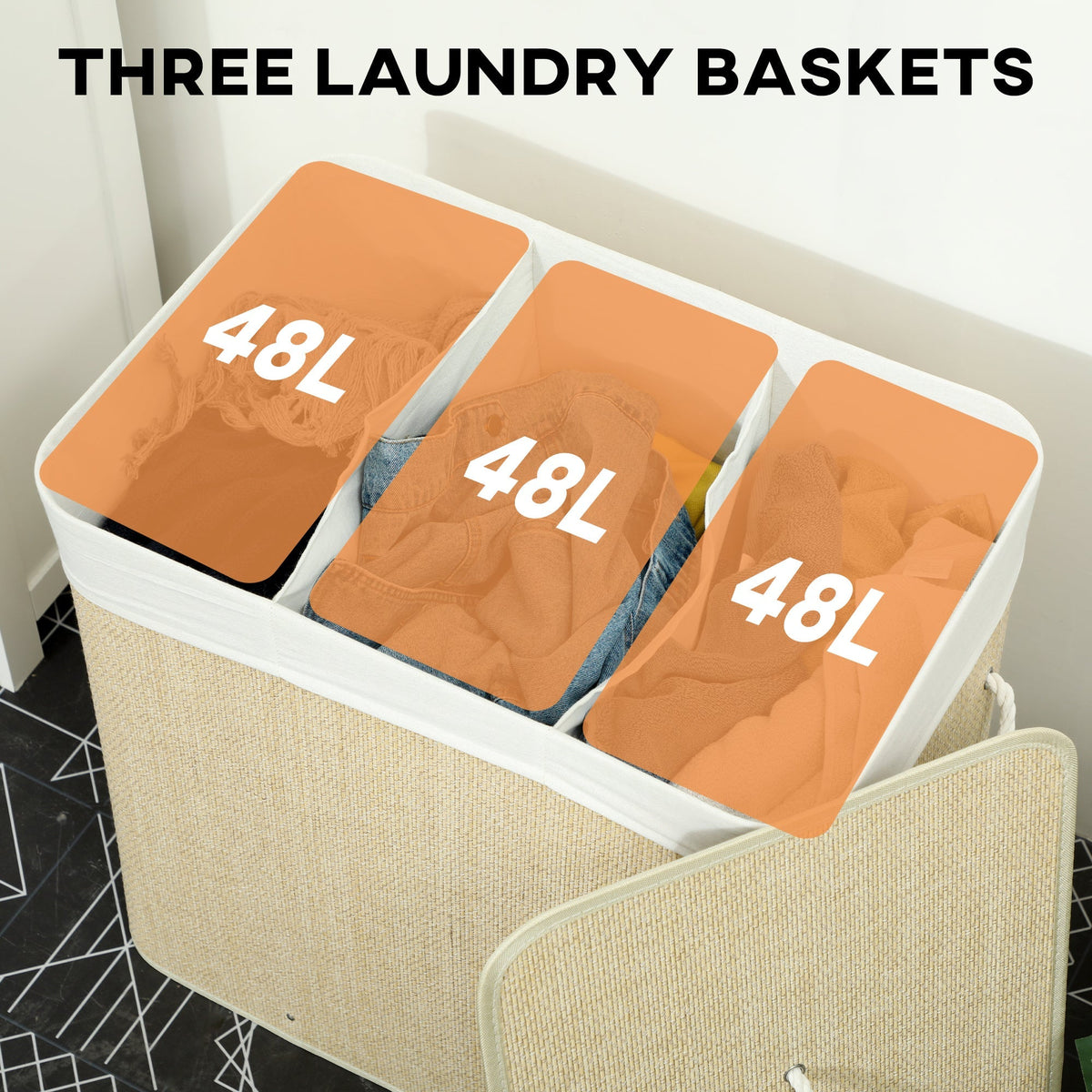 The three section laundry basket with the lid open, showing the three compartments inside
