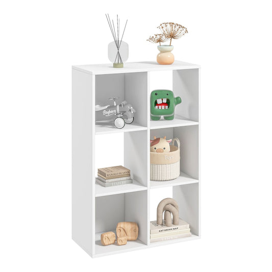 HOMCOM 6-Cube Bookshelf in white with six open compartments filled with toys and decorative items