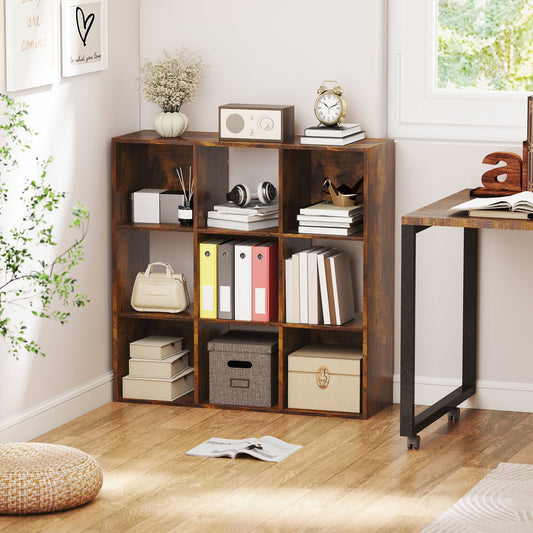 Rustic brown 9 cube storage unit in a home office setting with books and decorative items