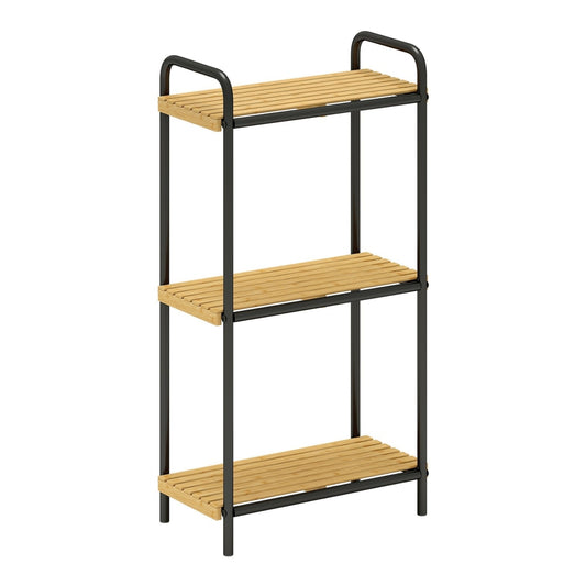 HOMCOM 3-Tier Bamboo Bathroom Storage Shelf, a narrow freestanding unit with three slatted shelves and black metal frame