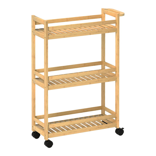 HOMCOM 3-Tier Bamboo Storage Trolley on Wheels in a Natural Wood Finish