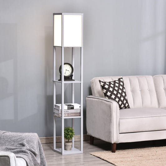 The standing lamp with storage shelves is placed next to a sofa in a living room setting