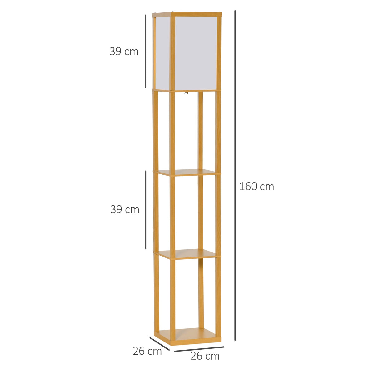 The tall floor light with storage shelves in a room