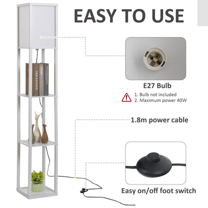 The floor lamp with storage shelves, showing the power cable and foot switch
