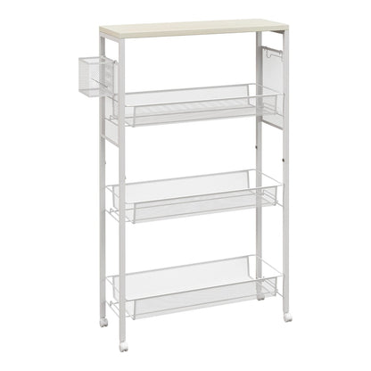HOMCOM 3-Tier Kitchen Cart with 3 Steel Wire Baskets, a white trolley with a wooden top and three wire baskets