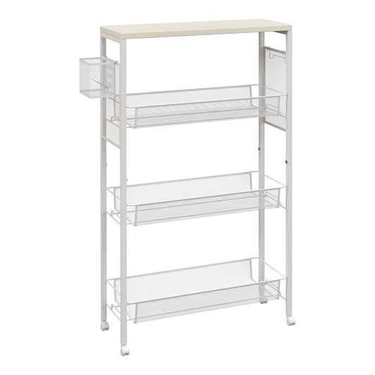 HOMCOM 3-Tier Kitchen Cart with 3 Steel Wire Baskets, a white trolley with a wooden top and three wire baskets