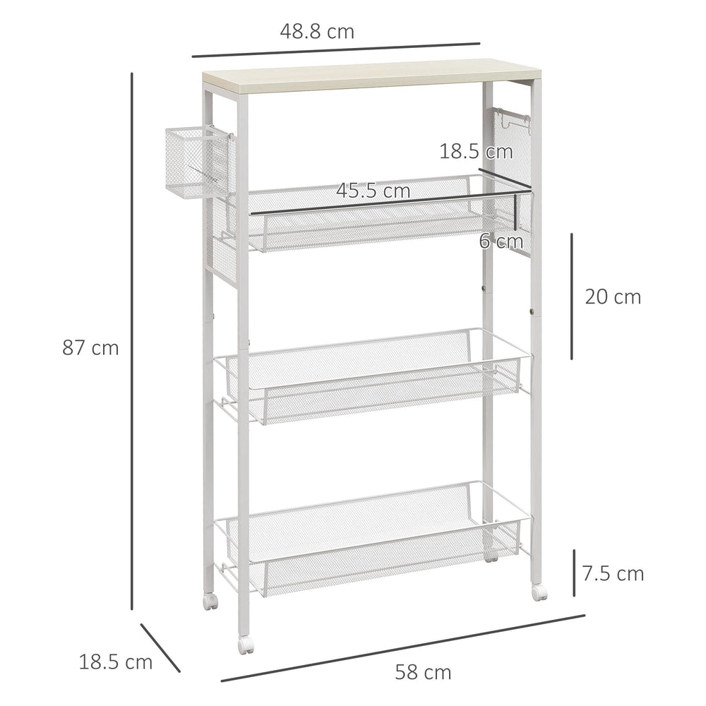 White kitchen trolley with dimensions shown, including height and width measurements