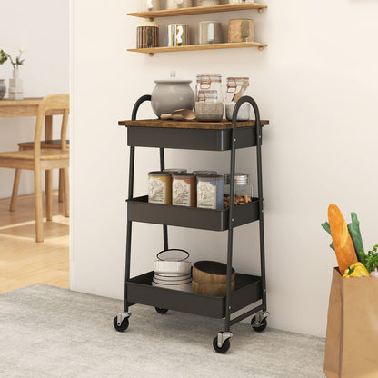 The kitchen storage trolley is shown in a domestic kitchen setting with jars and plates on its shelves