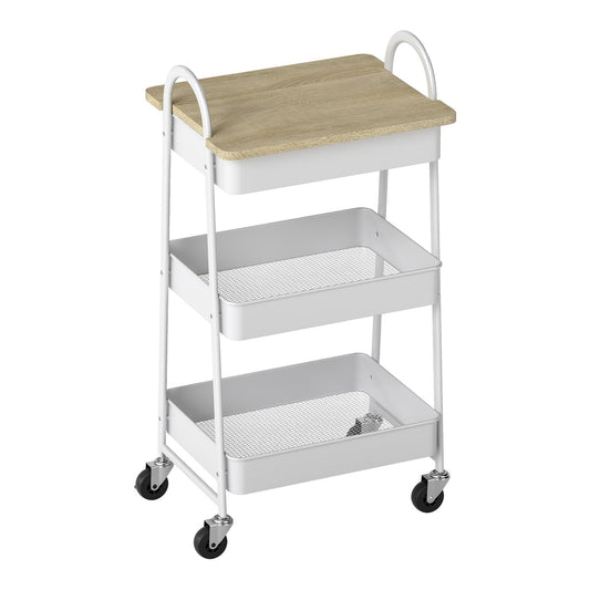 HOMCOM 3-Tier Kitchen Storage Trolley with wheels and a white and oak top board