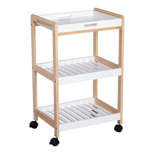 HOMCOM 3-Tier Mobile Kitchen Trolley Cart with white shelves and a light wooden frame on wheels