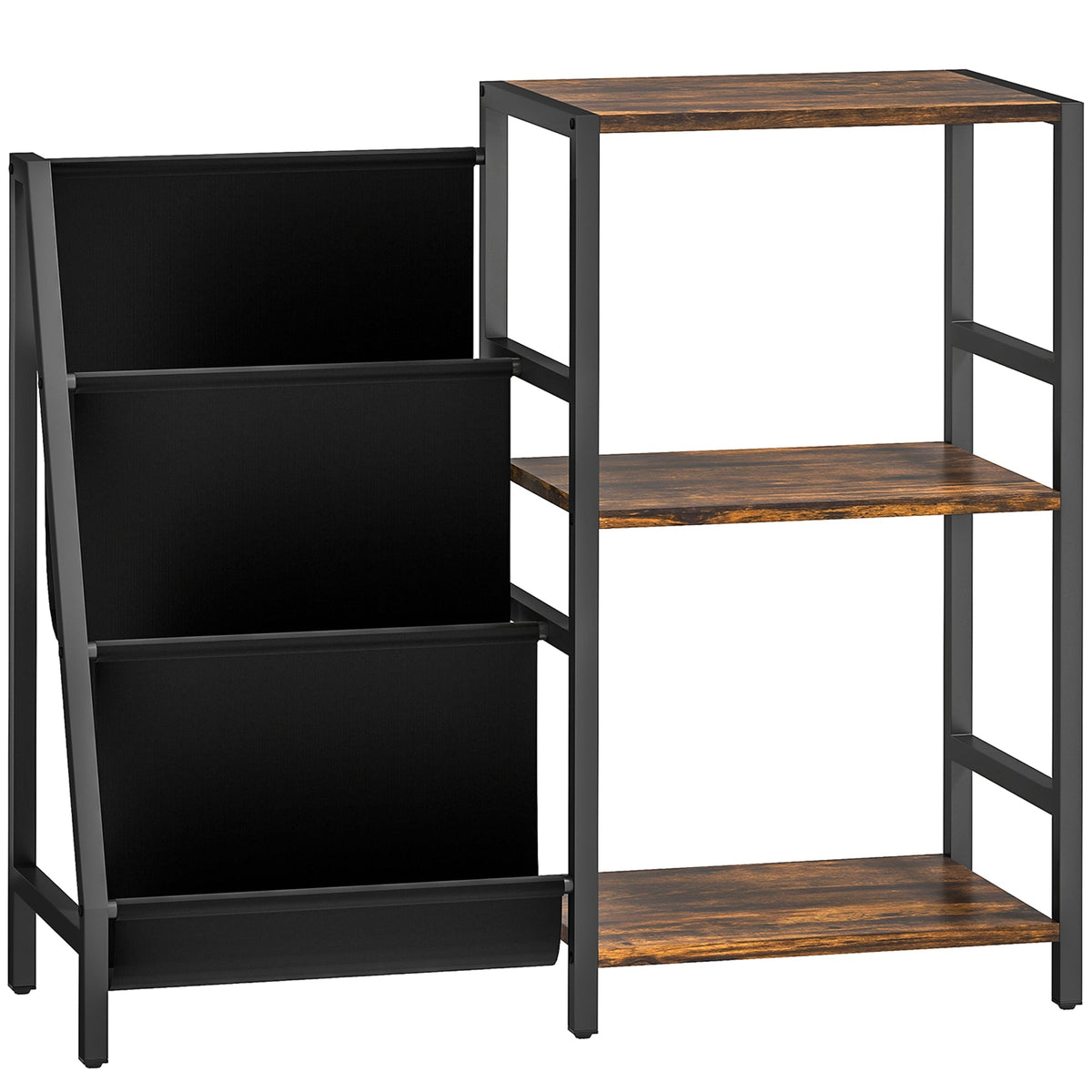 HOMCOM 3-Tier Record Player Stand with three shelves and magazine racks in rustic brown finish
