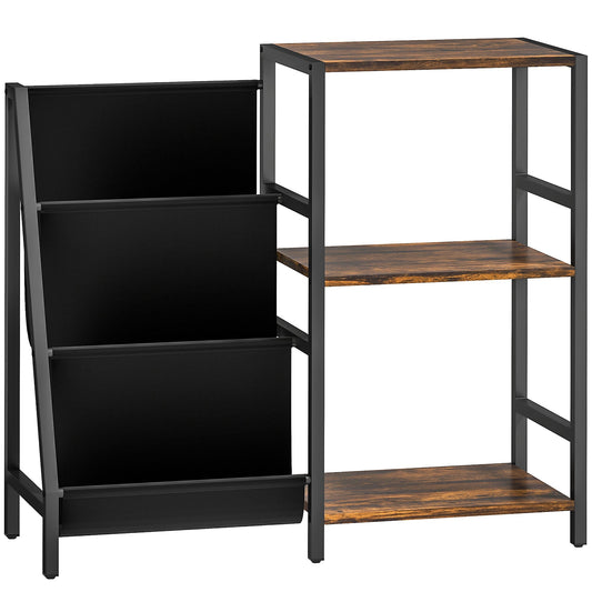 HOMCOM 3-Tier Record Player Stand with three shelves and magazine racks in rustic brown finish