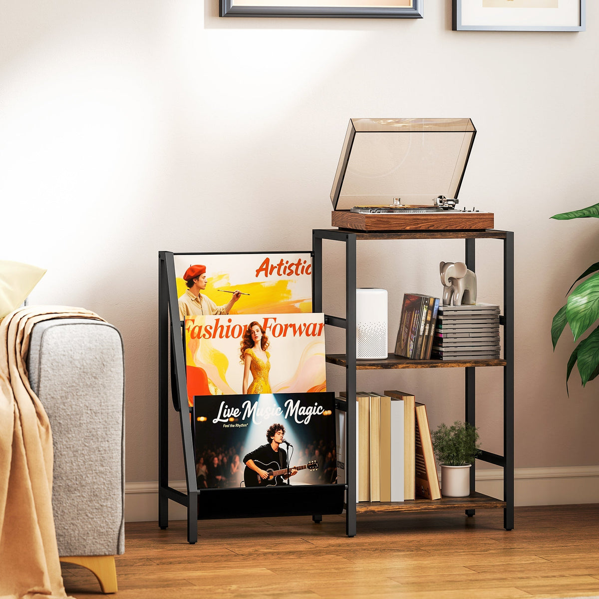 The record player stand in a living room with a record player on top and books on the shelves