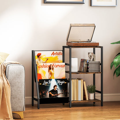 The record player stand in a living room with a record player on top and books on the shelves