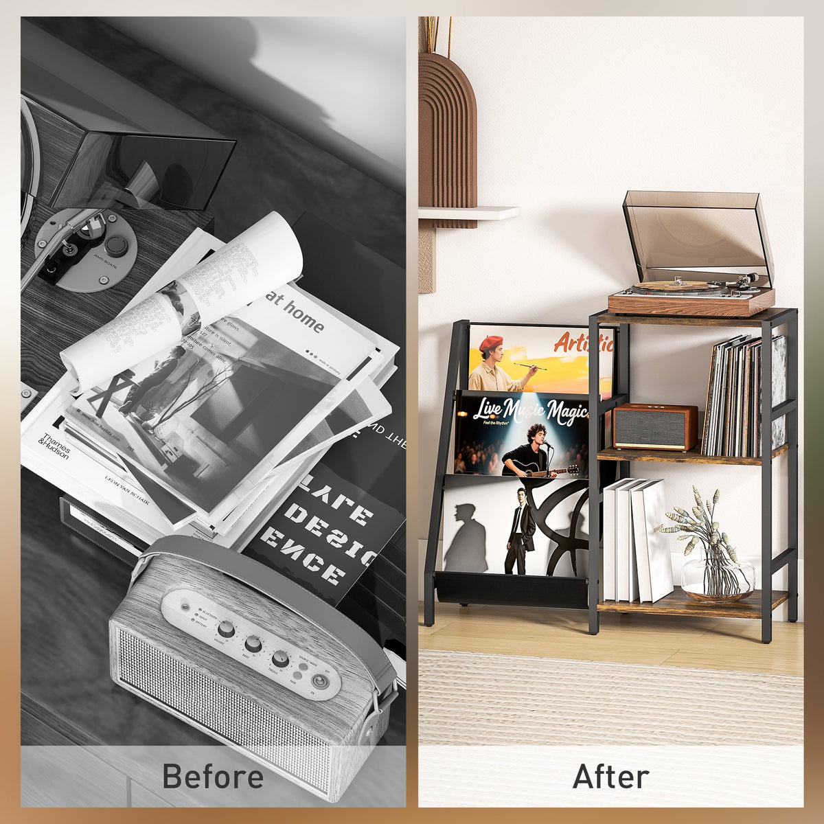 Before and after comparison of the record player stand in a living room setting
