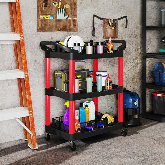 The tool trolley in use, holding bottles and tools in a garage setting