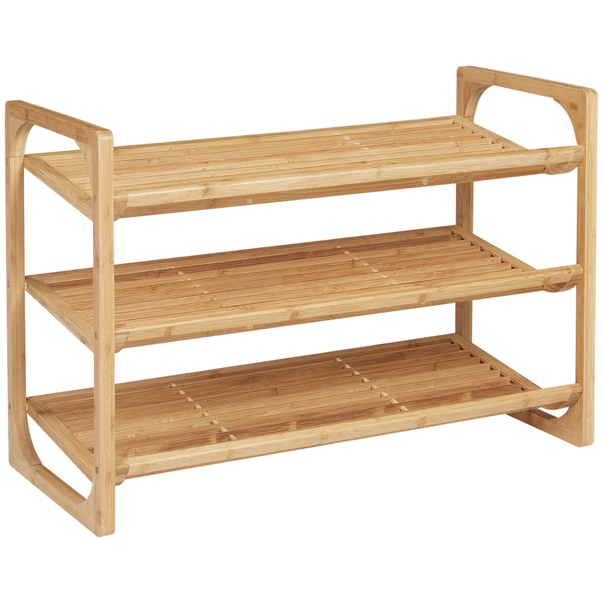 HOMCOM 3-Tier Shoe Rack with three slatted shelves and curved side frames