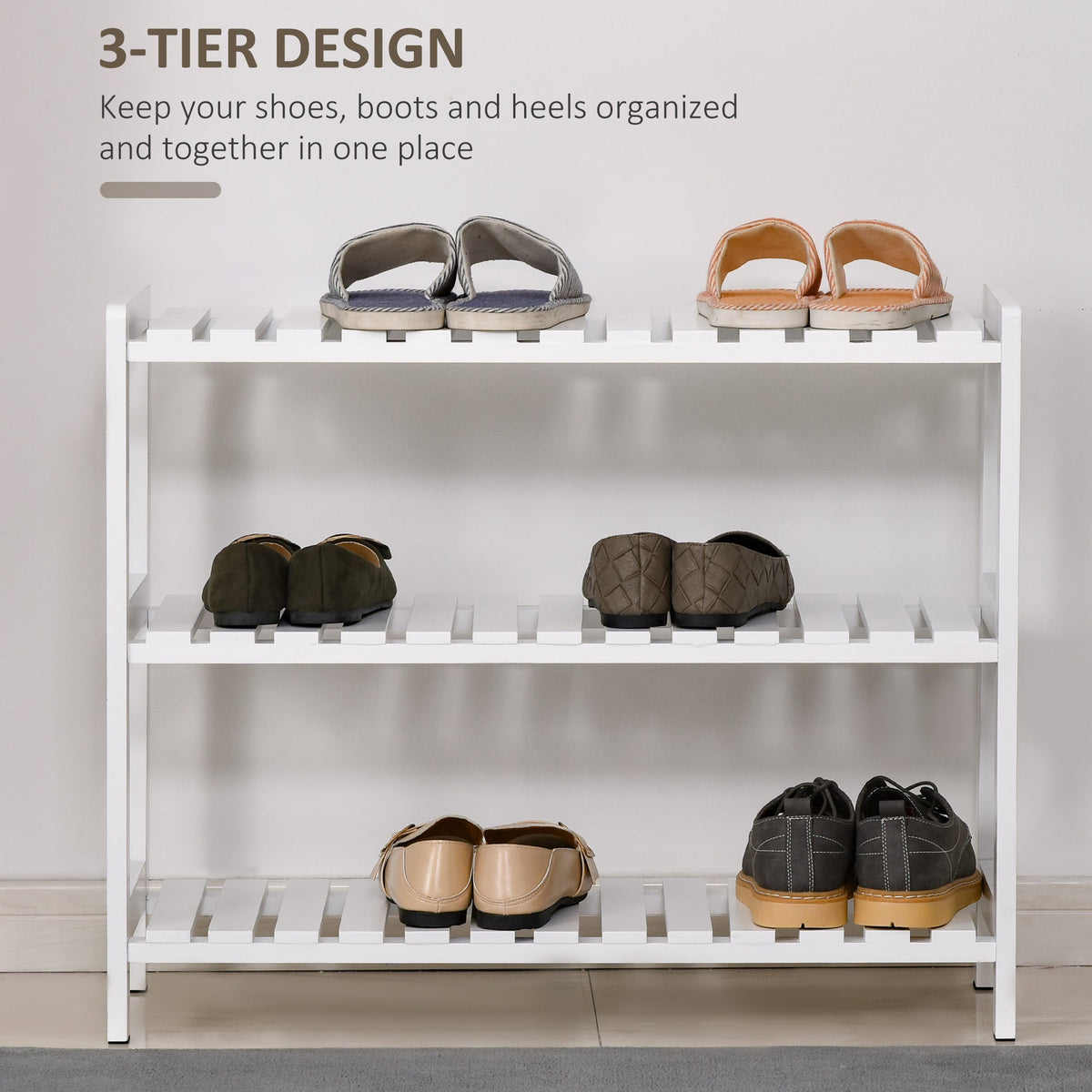 This shoe storage unit holds several pairs of shoes on its three slatted shelves