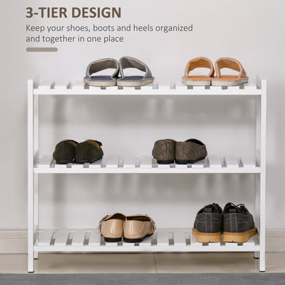 This shoe storage unit holds several pairs of shoes on its three slatted shelves