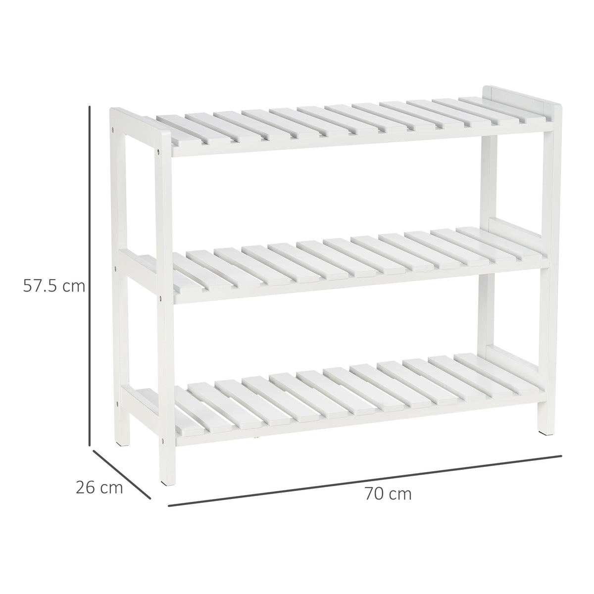 Dimensions of the white shoe rack showing 70cm length and 26cm width