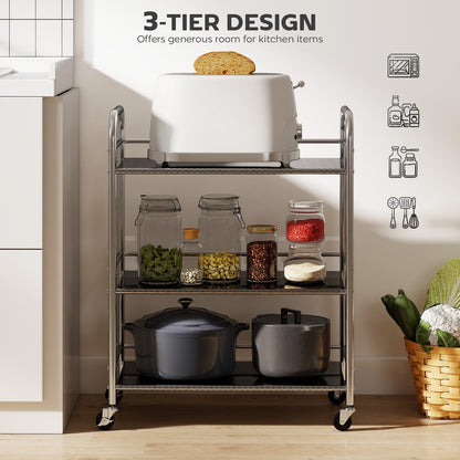 Three tier kitchen trolley holding a toaster, pots and jars in a kitchen setting