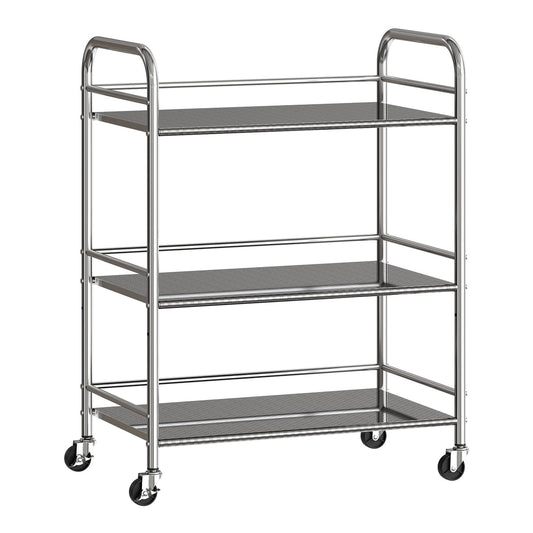 HOMCOM 3 Tier Stainless Steel Kitchen Storage Trolley with adjustable shelf in silver