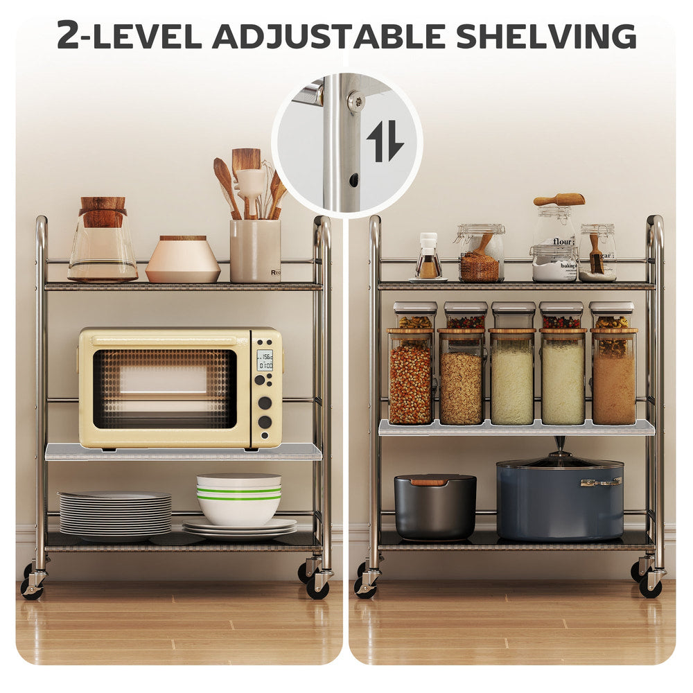 Adjustable shelving options for the stainless steel kitchen trolley, showing two configurations