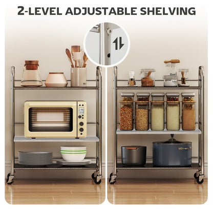 Adjustable shelving options for the stainless steel kitchen trolley, showing two configurations