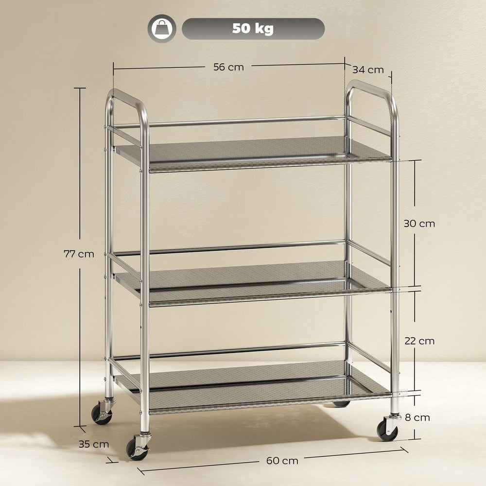 Dimensions of the 3 tier stainless steel kitchen storage trolley, showing height and width