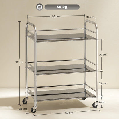 Dimensions of the 3 tier stainless steel kitchen storage trolley, showing height and width