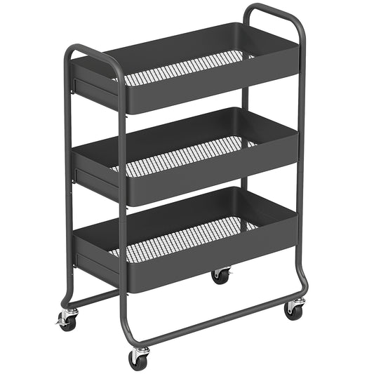 HOMCOM 3-Tier Storage Trolley on Wheels, a black metal utility cart with three mesh baskets and wheels